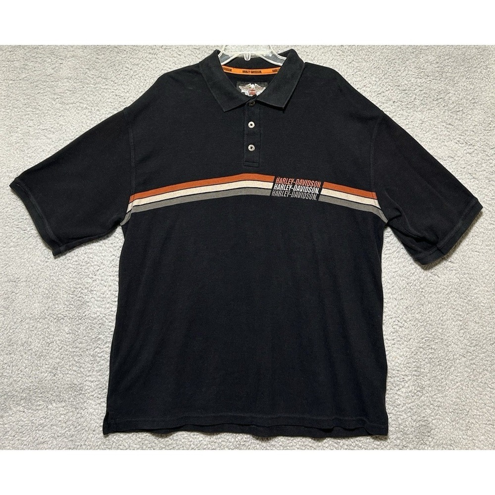 Harley Davidson Motorcycle Men Polo Shirt XL Waffle Knit Henley Black Stripes